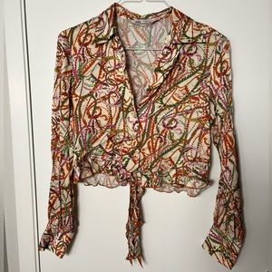 Zara satin patterned tie front top